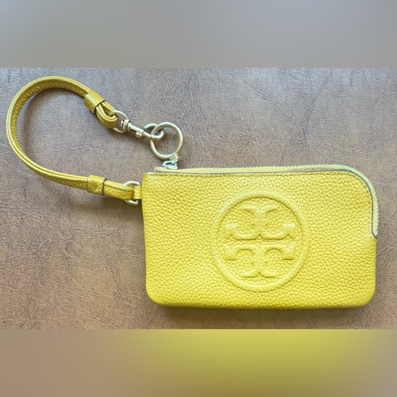 Tory Burch Perry Bombe Zip Card Case Golden Sunset Yellow Leather Wristlet - Picture 2 of 11